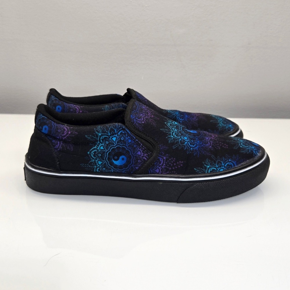 Yes We Vibe Slip On Sneakers Women 8.5 Black Blue Yin Yang Mandala Festival Boho